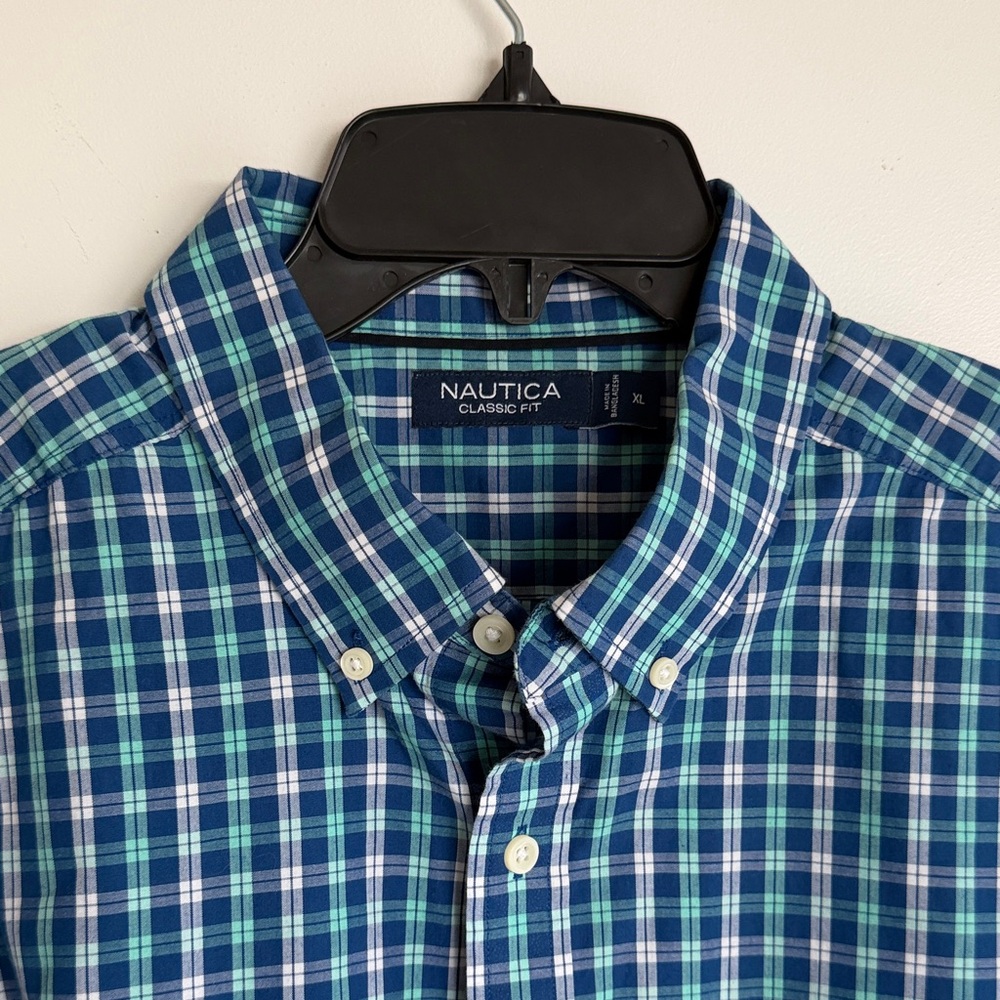 Nautica Men's Green and Blue Checkered Shirt